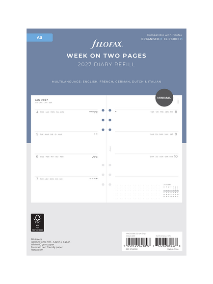 Filofax A5 Week on Two Pages 2027 Minimal Dated Diary Refill, Multi, Multi Multi