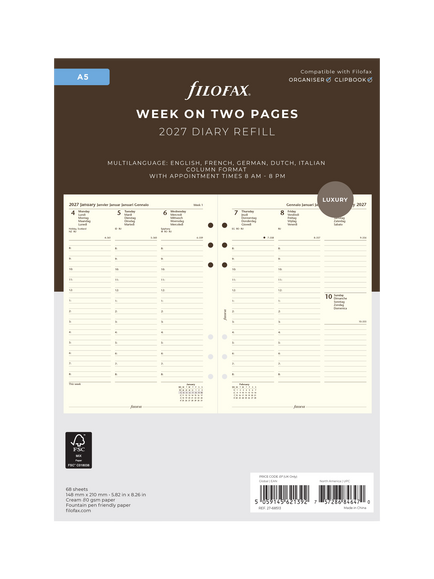 Filofax A5 Week on Two Pages 2027 Diary Refill, Multi, Multi Multi