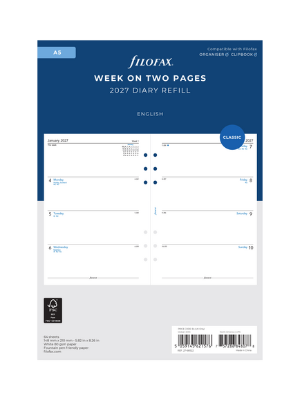 Filofax A5 Week on Two Pages 2027 Diary Refill, Multi, Multi Multi