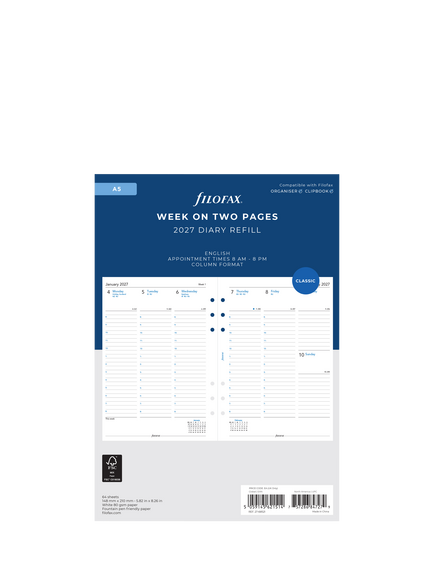 Filofax A5 Week on Two Pages 2027 Diary Refill, Multi, Multi Multi