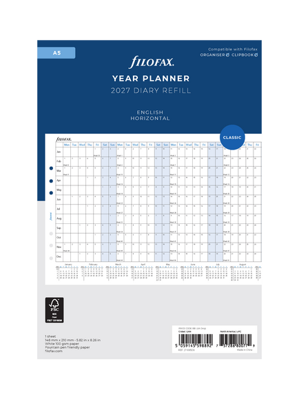 Filofax A5 Horizontal Year Planner 2027 Diary Refill, Multi, Multi Multi