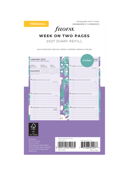 Filofax Floral Week on Two Pages 2027 Diary Refill, Multi, Multi Multi