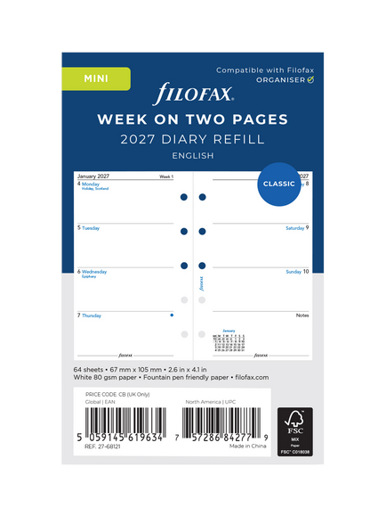 Filofax Mini Week on Two Pages 2027 Diary, Multi, Multi Multi