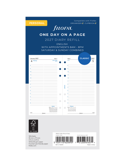 Filofax Day per Page 2027 Diary Refill, Multi, Multi Multi