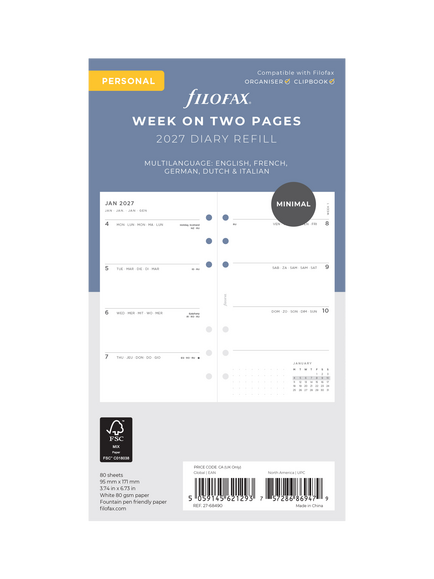 Filofax Week on Two Pages 2027 Minimal Dated Diary Refill, Multi, Multi Multi