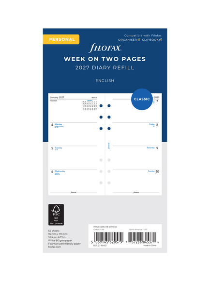 Filofax Week on Two Pages 2027 Diary Refill, Multi, Multi Multi