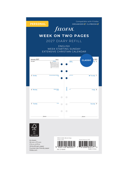 Filofax Personal Week on Two Pages 2027 Diary Refill, Multi, Multi Multi