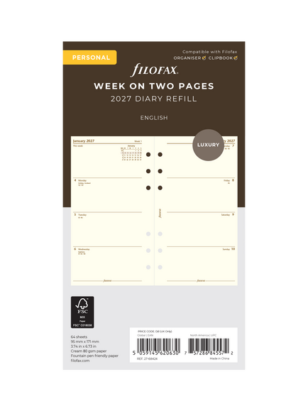 Filofax Week on Two Pages 2027 Diary Refill, Multi, Multi Multi