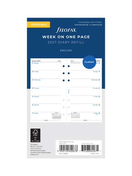 Filofax Week on One Page 2027 Diary Refill, Multi, Multi Multi