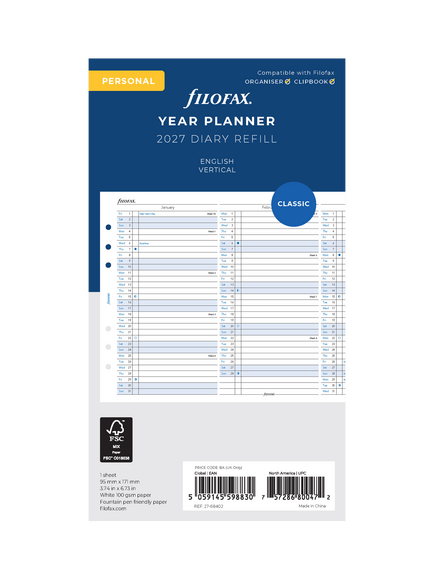 Filofax Horizontal Year Planner 2027 Diary Refill, Multi, Multi Multi