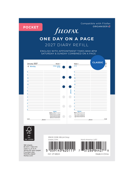 Filofax Pocket Size Day per Page 2027 Diary Refill, Multi, Multi Multi