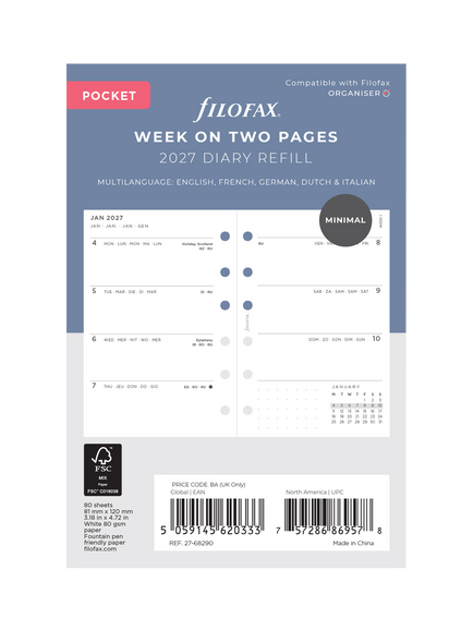 Filofax Pocket Size Week on Two Pages 2027 Diary Refill, Multi, Multi Multi