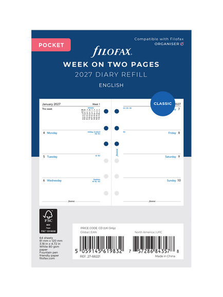 Filofax Pocket Size Week on Two Pages 2027 Diary Refill, Multi, Multi Multi