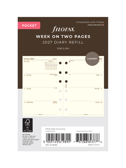 Filofax Pocket Size Week on Two Pages 2027 Diary Refill, Multi, Multi Multi