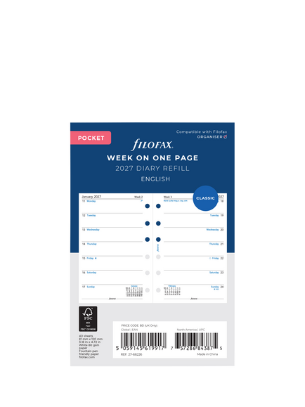 Filofax Pocket Size Week on One Page 2027 Diary Refill, Multi, Multi Multi