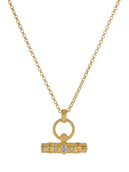 Ottoman Hands Amulet T-Bar Marquise Labradorite Necklace, Gold, Gold