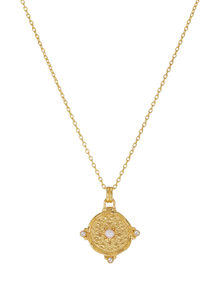 Ottoman Hands Pearl and White Topaz Shield Pendant Necklace, Gold, Gold