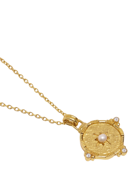 Ottoman Hands Pearl and White Topaz Shield Pendant Necklace, Gold - view 2, Gold