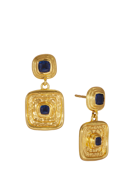 Ottoman Hands Blue Sapphire CZ Wax Seal Drop Earrings, Gold, Gold