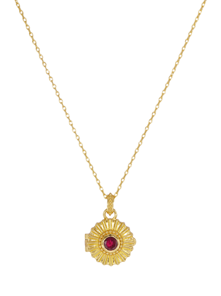 Ottoman Hands Ruby CZ Sunburst Locket Pendant Necklace, Gold, Gold