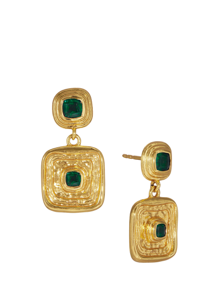Ottoman Hands Emerald Green CZ Wax Seal Drop Earrings, Gold, Gold
