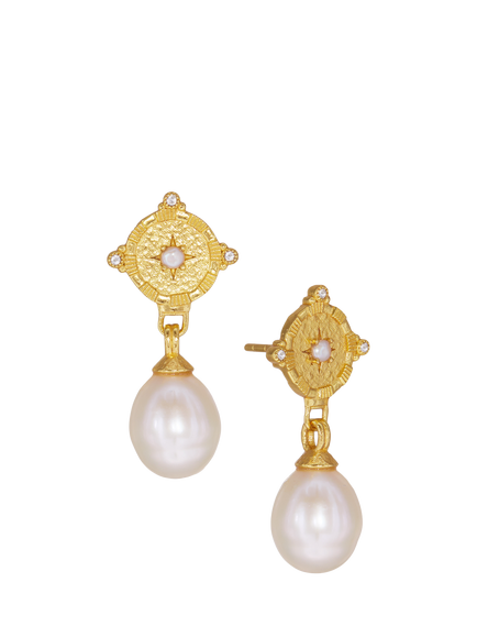 Ottoman Hands Pearl and White Topaz Shield Drop Earrings, Gold, Gold