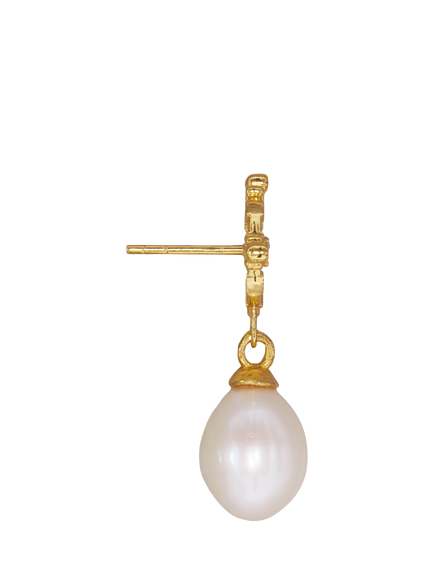 Ottoman Hands Pearl and White Topaz Shield Drop Earrings, Gold - view 2, Gold