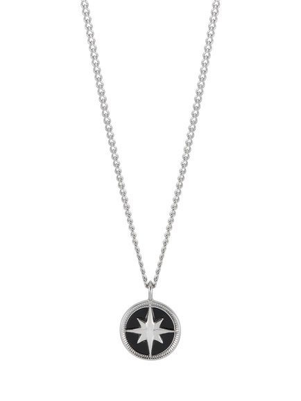 BARTLETT LONDON Men's Waterproof Onyx Compass Necklace, Silver, Silver