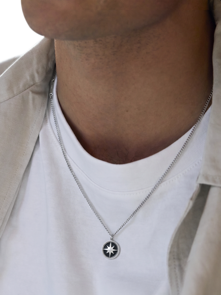 BARTLETT LONDON Men's Waterproof Onyx Compass Necklace, Silver - view 2, Silver