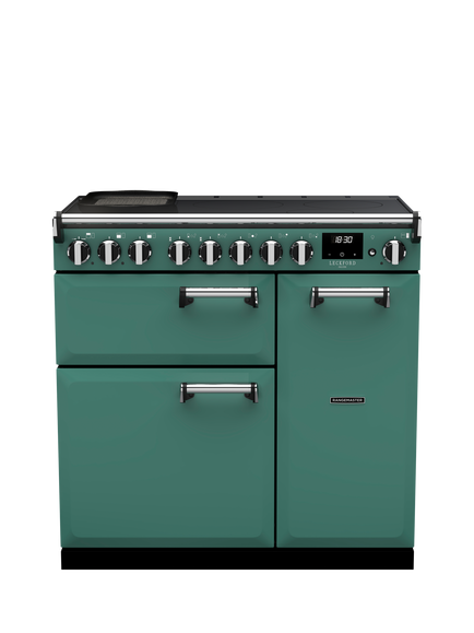 Rangemaster OUTLET Leckford Deluxe LKDL90EIPMGR/CM1 90cm Electric Range Cooker with Induction Hob, Like New, Mineral Green, Mineral Green