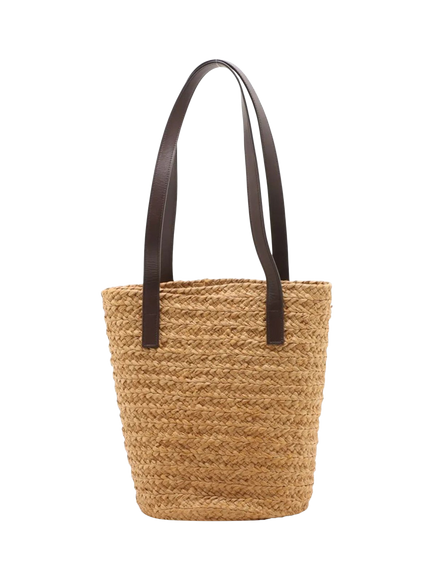 Pre-loved SAINT LAURENT Paris Panier Raffia Tote Bag, Tan - view 2, Neutral/Brown