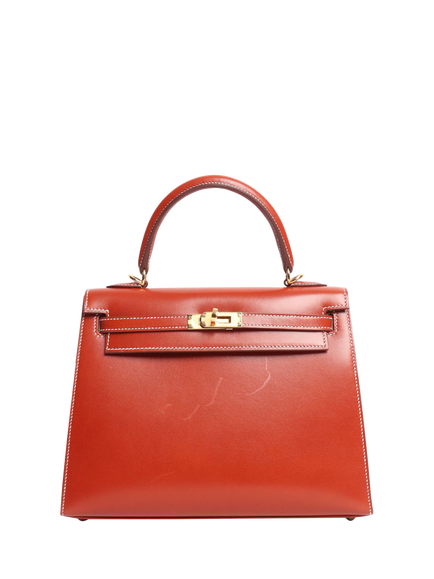 Pre-loved Hermès Brique Box Calf Leather Kelly 25 Bag, Brown, Brown