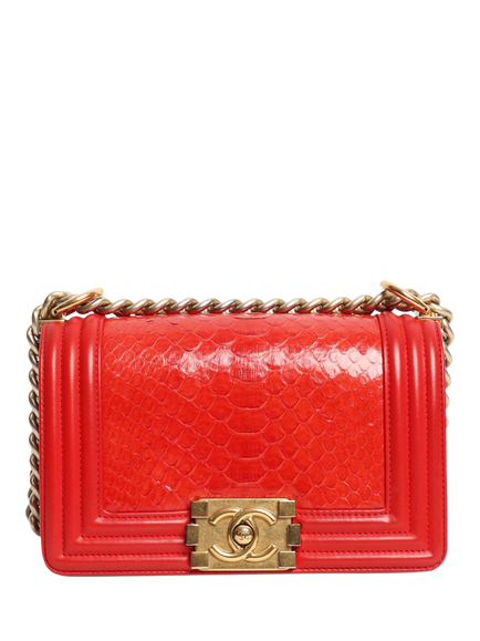 Pre-loved CHANEL 2014 Boy Python Leather Bag, Red, Red