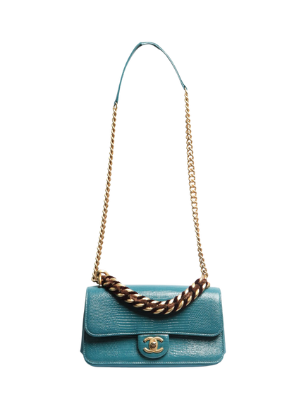Pre-loved CHANEL 2018 Exotic Flap Leather Shoulder Bag, Turquoise - view 2, Green