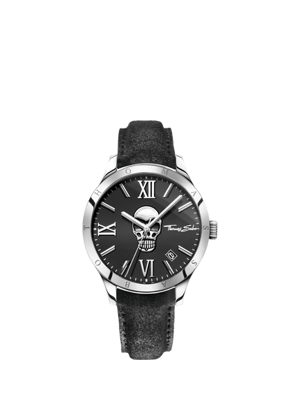 THOMAS SABO WA0210-218-203-43 Rebel Icon 43mm Round Leather Strap Watch, Black, Black