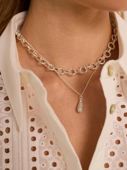 Mint Velvet Pave Layered Pendant Necklace - view 2, Silver