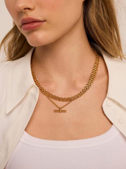 Mint Velvet Layered T-Bar Necklace, Gold - view 2, Gold