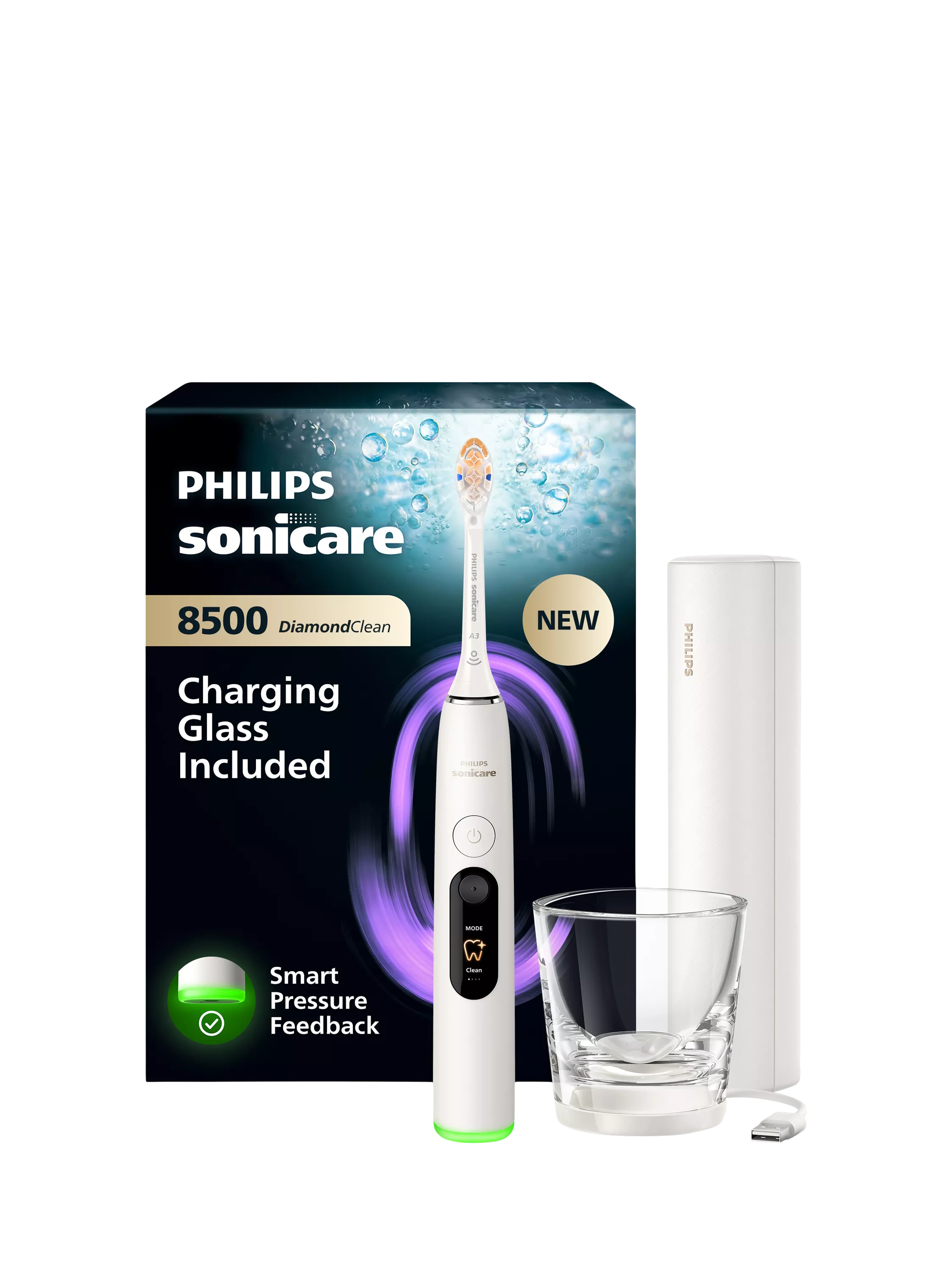 Philips Sonicare HX8513 DiamondClean 8500 Electric Toothbrush with Charging Glass & Travel Case, White