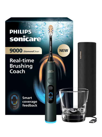 Philips Sonicare HX9213 DiamondClean 9000 Electric Toothbrush with Charging Glass & Travel Case, Rose, Midnight Green