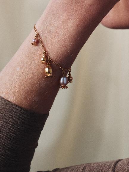 Alex Monroe Poppy Seed Pearl Charm Bracelet, Gold - view 2, Gold Plated