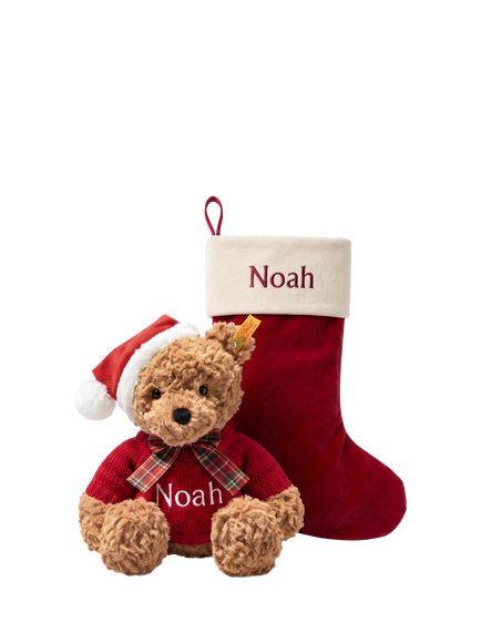 Babyblooms Personalised Red Stocking & Steiff Jimmy Christmas Bear Gift Set, Multi