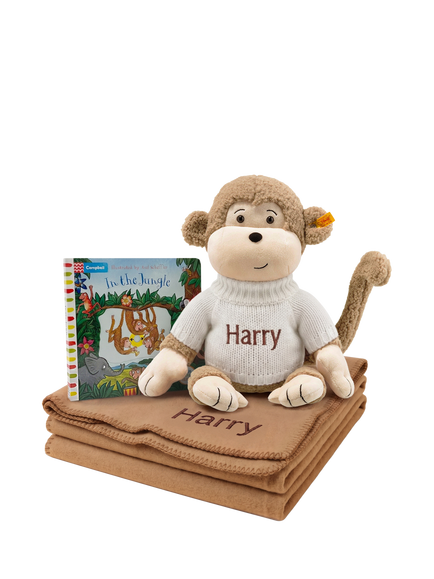 Babyblooms Personalised Fleece Blanket with Steiff Monkey Soft Toy & Board Book Gift Set, Multi