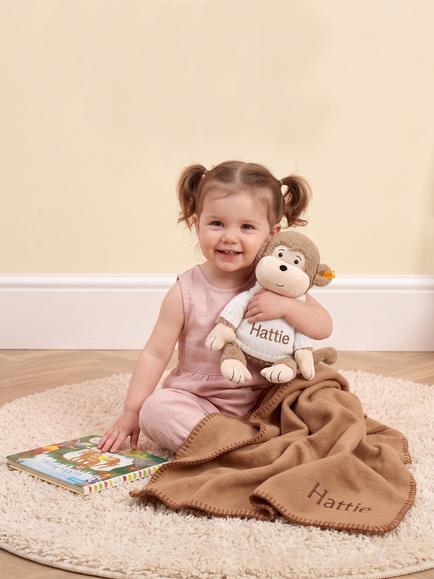 Babyblooms Personalised Fleece Blanket with Steiff Monkey Soft Toy & Board Book Gift Set - view 2, Multi