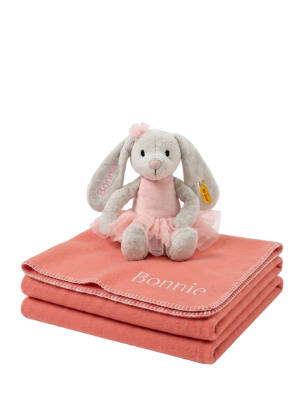 Babyblooms Personalised Fleece Blanket with Steiff Hoppie Ballet Bunny Soft Toy, Multi