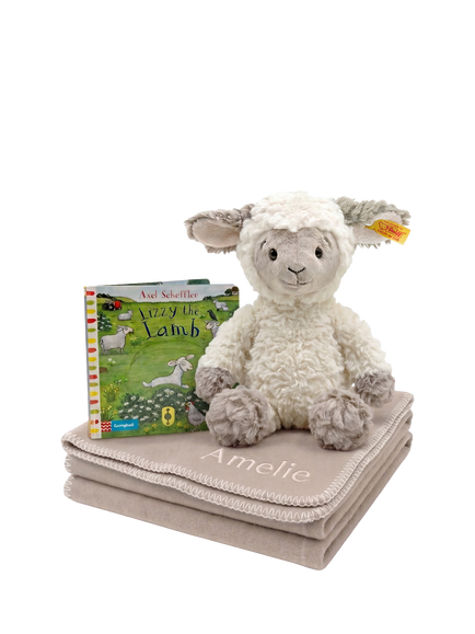Babyblooms Personalised Fleece Blanket with Steiff Lita Lamb Soft Toy & Board Book Gift Set, Multi