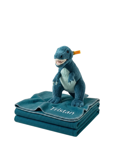 Babyblooms Personalised Fleece Blanket with Steiff Thaisen T-Rex Soft Toy Gift Set, Multi