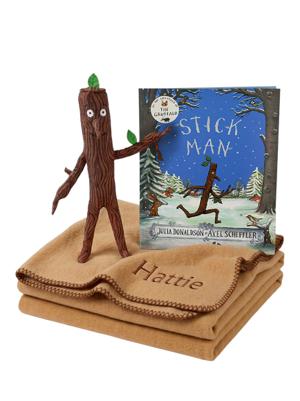 Babyblooms Personalised Fleece Blanket with Stick Man Soft Toy & Book Gift Set, Multi
