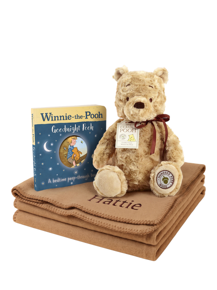 Babyblooms Personalised Fleece Blanket with Winnie the Pooh Soft Toy & Board Book Gift Set, Multi