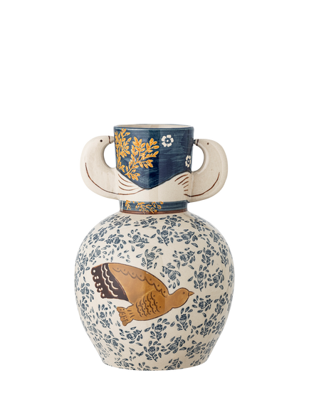 Bloomingville Hezha Hand-Decorated Stoneware Vase, H23.5cm, Blue, Blue