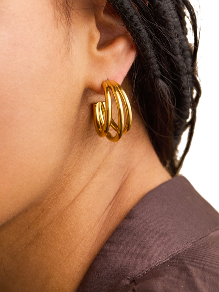 Estella Bartlett EDIT Waterproof Triple Hoop Stud Earrings, Gold - view 2, Gold
